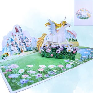 Card Mavens Unicorn Pop Up Birthday Card for Boys Girls Granddaughter Daughter Magical Unicorn Castle Rainbow 3D Birthday Card