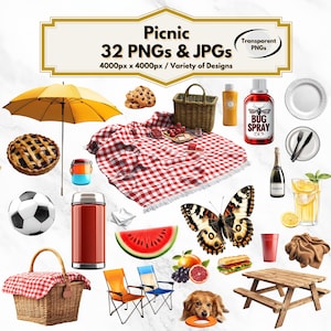 Picnic Clipart, 32 Outdoor Food and Picnic Designs, Basket, Blanket, Picnic Food Illustrations, PNG, Summer Party Decor, Digital Download