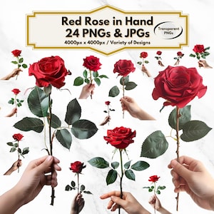 Czerwona róża w dłoni Clipart, 24 Eleganckie wzory, Romantyczne ilustracje kwiatowe, Róże akwarelowe, PNG, JPG, Dekoracje ślubne, Walentynki