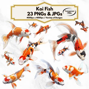 Clipart z rybą Koi, 23 eleganckie wzory, japońska sztuka ryb, ilustracje natury, PNG, JPG, wystrój zen, akwarela ryby, pobieranie cyfrowe