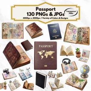 Passport Clipart, 130 Travel-Themed Designs, Passport Stamps, Travel Documents, PNG, JPG, Adventure Decor, Digital Download, Passport Png