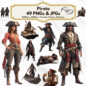 Pirate Clipart, 49 Adventure Designs, Pirate Ship, Skull, Treasure, PNG, JPG, Pirate Party Decor, Nautical Art, Digital Download