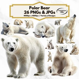 Polar Bear Clipart, 26 Cute Arctic Animal Designs, Winter Decor, Watercolor Polar Bears, PNG, JPG, Nursery Art, Digital Download