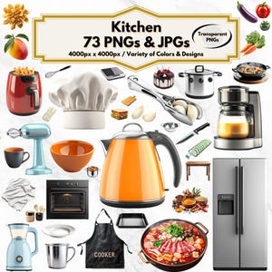Clipart kuchenny, 73 projekty gotowania i przyborów kuchennych, wystrój kuchni, ilustracje żywności, PNG, JPG, sztuka kulinarna, pobieranie cyfrowe