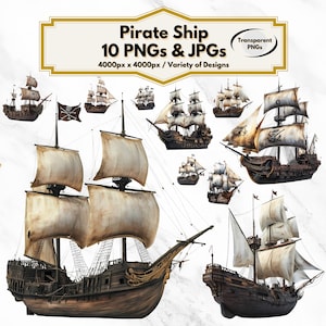 Clipart piracki statek, 10 projektów morskich przygód, sztuka pirackiego statku, PNG, JPG, dekoracja pirackiej imprezy, sztuka morskiej podróży, pobieranie cyfrowe