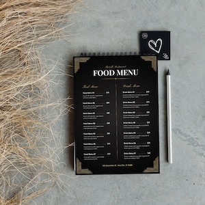 Czarno-złote luksusowe menu żywności, elegancki szablon menu restauracji, wydrukowane nowoczesne menu wydarzeń, edytowalna karta menu kolacji na specjalne wydarzenia