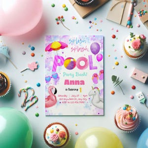 Invitación editable de cumpleaños con efecto chapoteo, fiesta en la piscina, tobogán acuático de verano para niñas, fiesta en el agua, rosa, descarga la plantilla de invitación imprimible
