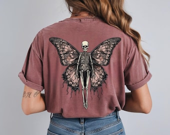 Skeleton Butterfly Shirt Gothic Fairy Back Side Print Tee Dark Academia Top Grunge Aesthetic T-Shirt Spooky Back Print Oversized Tee