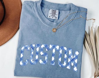 Custom Blue Plaid Comfort Colors T-Shirt: Personalized Varsity Tee