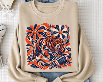 Vintage Bear Football Sweatshirt, Retro Orange Navy Floral Football Shirt, Game Day Crewneck, Football Season Gift for Her