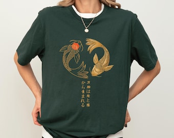 Japanese Koi Fish Yin Yang Tshirt Sweatshirt Golden Art Red Sun Top Gift Idea