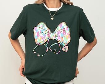 Nurse Easter Bunny Shirt Stethoscope Coquette Bow Sweatshirt Medical Gift Tee Pastel