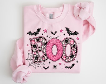 Pink Boo Halloween Shirt, Coquette Ghost Tee, Sparkly Boo Graphic Shirt, Cute Spooky Season Sweatshirt, Girly Halloween Gift