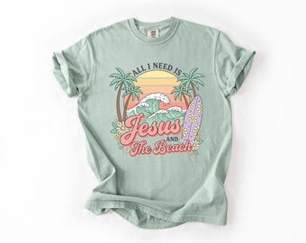 All I Need Is Jesus And The Beach Shirt Retro Christian Summer Graphic Tee Coastal Faith Top Comfort Colors Preppy Beach T-Shirt