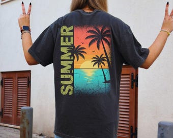 Comfort Colors® Retro Summer Shirt Vintage Palm Tree Sunset Tee Oversized Beach Graphic Top Surfer Aesthetic Back Print Vacation Apparel