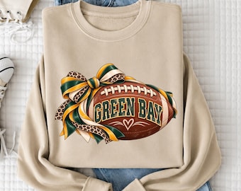 Green Bay Football Sweatshirt, Coquette Bow Game Day Crewneck, Vintage Football Shirt, Retro Football Gift for Women