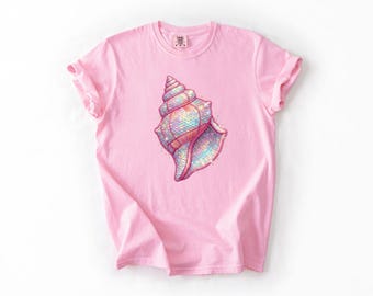 Seashell Shirt Sequin Print Shell Tee Mermaid Core Graphic Top Pink Beach Vacation T-Shirt Summer Coastal Preppy Apparel Comfort Colors
