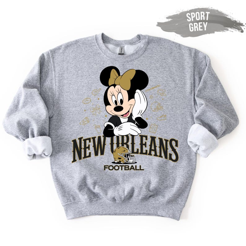 A grey sweatshirt with a graphic of Minnie Mouse and text that says "NEW JERSEY FOOTBALL".