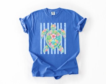 Comfort Colors® Floral Sea Turtle Shirt Tropical Beach Vacation Tee Hawaiian Summer Top Ocean Animal Graphic Caribbean Cruise Apparel
