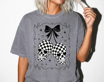 Checkered Skull Bow Comfort Colors Tee, Coquette Goth Valentine Shirts, Heart Eyes Skeleton Sweatshirt