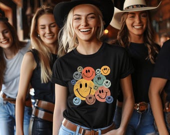 Retro Smiley Face Shirt Happy Emoji Vintage Sweatshirt Positive Gift Unisex Tee Graphic