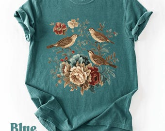 Vintage Floral Birds T-Shirt – Three Sparrows with Antique Peony Bouquet Design, Cottagecore Comfort Colors®