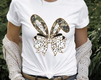 Funny Camo Bunny Ears Bow Women Tshirt Sweatshirt Gift For Her Easter Graphic Top