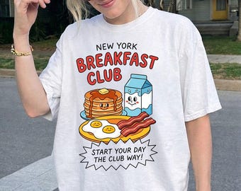 New York Breakfast Club Shirt Retro Foodie Graphic Tee Vintage Cartoon Food T-Shirt Breakfast Lover Gift Cute Brunch Top Oversized Tee
