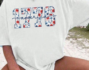 1776 America Shirt Floral Patriotic Graphic Tee Preppy 4th of July Top Comfort Colors Independence Day T-Shirt Cute Americana Apparel
