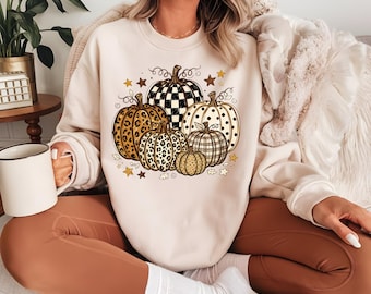Neutral Pumpkin Sweatshirt, Fall Pumpkin Sweatshirt, Coquette Autumn Crewneck, Checkered Pumpkin Shirt, Leopard, Thanksgiving Gift for Women