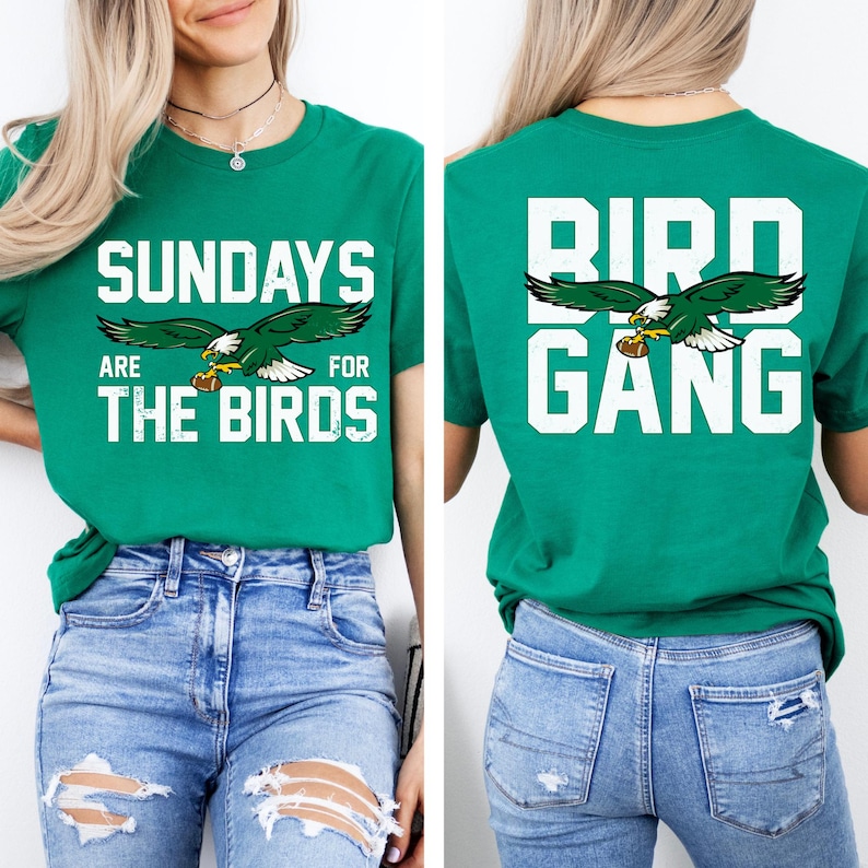 a woman wearing a green shirt with the words bird gang on it