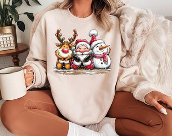 Cute Santa Reindeer Snowman Sweatshirt, Christmas Sweatshirt, Cozy Holiday, Vintage Christmas Shirt, Winter Christmas Gift for Women