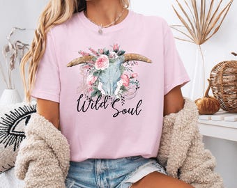 Wild Soul Shirt Western Boho Floral Steer Skull Sweatshirt Cowgirl Gift Unisex Tee