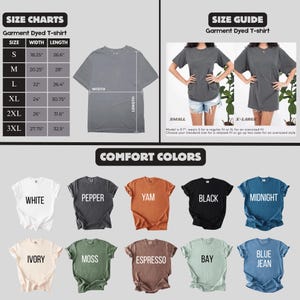The image is a collage of various t-shirt designs, including different sizes and colors, along with size charts and a guide for choosing the right size.