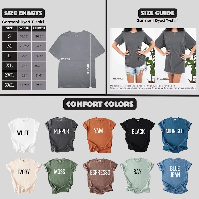 The image is a collage of various t-shirt designs, including different sizes and colors, along with size charts and a guide for choosing the right size.
