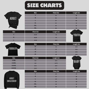 size charts for different age groups, including children, youth, and adults. The charts provide the size and length information for various clothing items such as t-shirts, sweatshirts, and other garments.