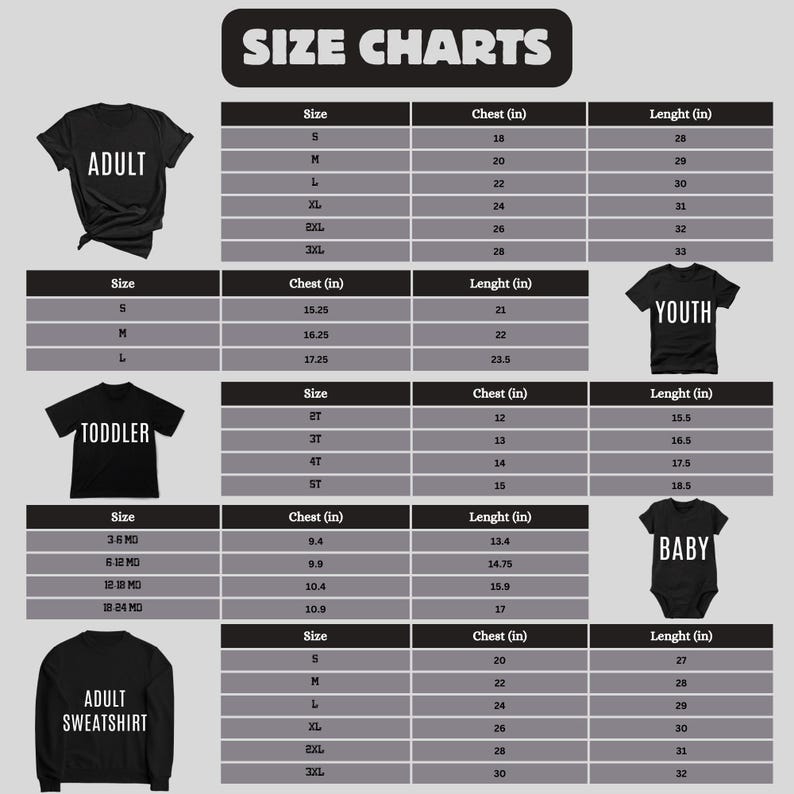 size charts for different age groups, including children, youth, and adults. The charts provide the size and length information for various clothing items such as t-shirts, sweatshirts, and other garments.