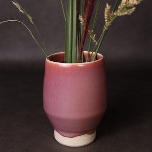 May include: A ceramic vase with a rounded body and a wide opening. The vase has a gradient color scheme, transitioning from a deep pink at the top to a lighter pink in the middle, with a white base. The vase holds various green and brown dried plants.