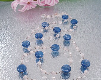 Blue Kyanite Rose Quartz Handmade chain rosary style necklace and earrings. Blue Kyanite rosary Necklace