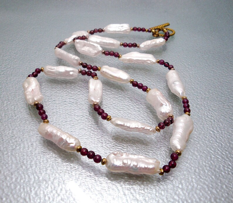 Biwa Pearls Necklace Garnet jewelry Pearl jewelry Long Pearl Necklace. Beaded necklace