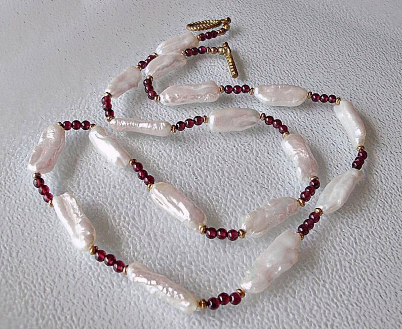 Biwa Pearls Necklace Garnet jewelry Pearl jewelry Long Pearl Necklace. Beaded necklace
