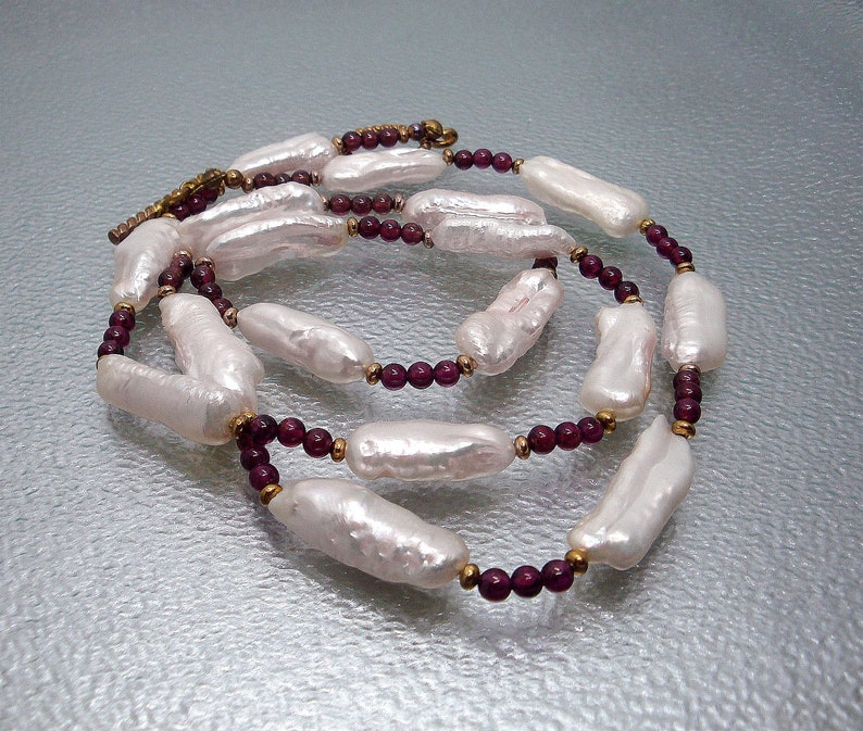 Biwa Pearls Necklace Garnet jewelry Pearl jewelry Long Pearl Necklace. Beaded necklace