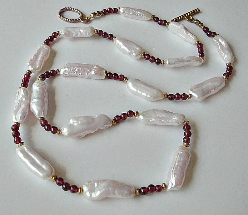 Biwa Pearls Necklace Garnet jewelry Pearl jewelry Long Pearl Necklace. Beaded necklace