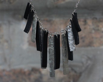 Silver and Black Horween Leather Fringe Necklace