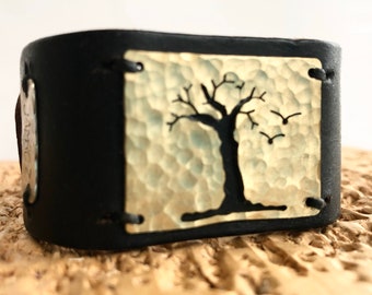 Tree of Life Leather Cuff, gift for him, gift for her