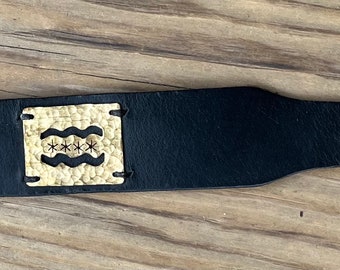 Chicago Flag Cuff Black Leather Bracelet, Gift, handmade, horween leather, MAKAdesigns