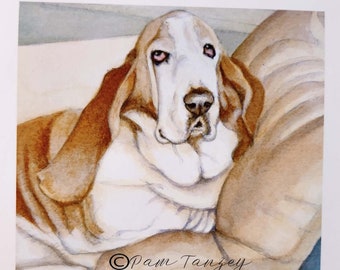 Happy Sweet Basset Hound Dog All Occasion Art Cards, Ten Cards, Five different lovely designs, Two of each, Free Shipping