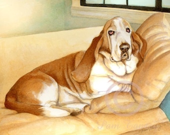 Basset Hound art signed Print with Free Matching card Free Shipping A great gift for hound lovers