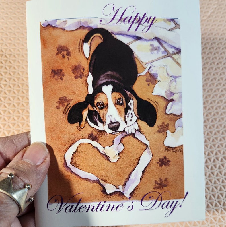 Valentine's Day Cards Sweet Happy Puppy Basset Hound Art, Five lovely designs, Two of each, a 10 card set Free Shipping image 4