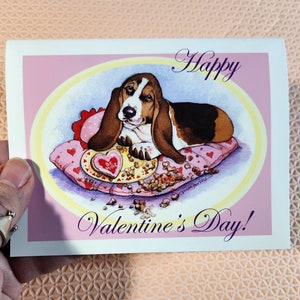 Valentine's Day Cards Sweet Happy Puppy Basset Hound Art, Five lovely designs, Two of each, a 10 card set Free Shipping image 1